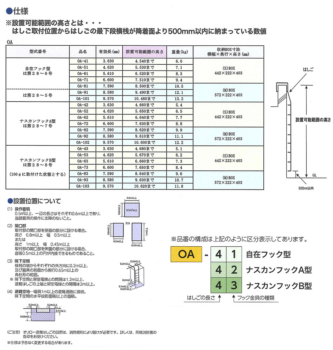 ORIROアルミ製避難はしご 10型。国家検定合格品。設置可能範囲の高さ：自在フック10,480mmまで ナスカンA 10,600mmまで